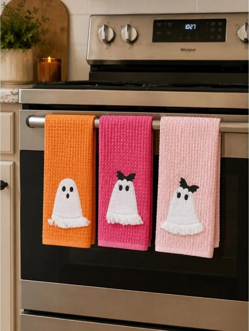 CUPCAKES AND CASHMERE HALLOWEEN GHOST KITCHEN TOWELS SET OF 3 PINK ORANGE
